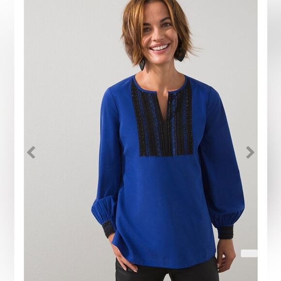 Chico's Embellished Colorblock Top in Seafaring Blue & Black Size Large (16) - Picture 8 of 13